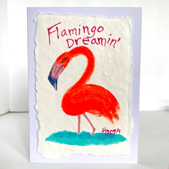 Flamingo Painting Art Handmade Original Blank Greeting Card and Envelope - Picture 2 of 5